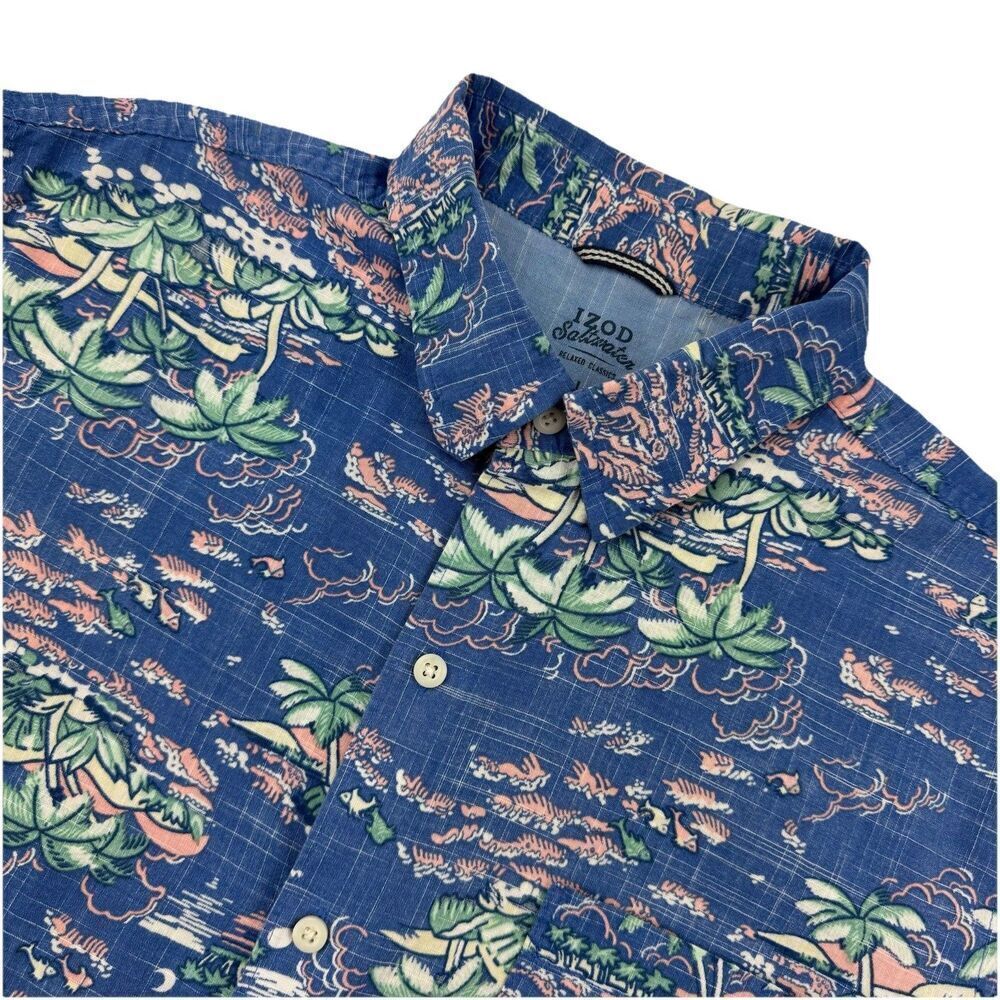 IZOD Saltwater Hawaiian Shirt Mens Large Blue Palm Tree Fish Aloha Camp